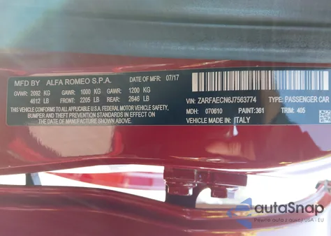 2018 Alfa Romeo Giulia Ti Sport Rwd z USA, uszkodzony, nr VIN ZARFAECN6J7563774